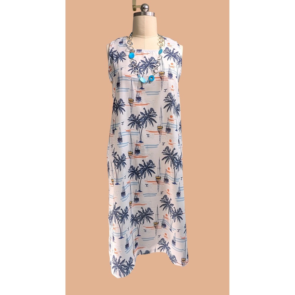 FAIRHOPE XL Women's Sailboat Sun Sunset Print Sleeveless below knee Dress